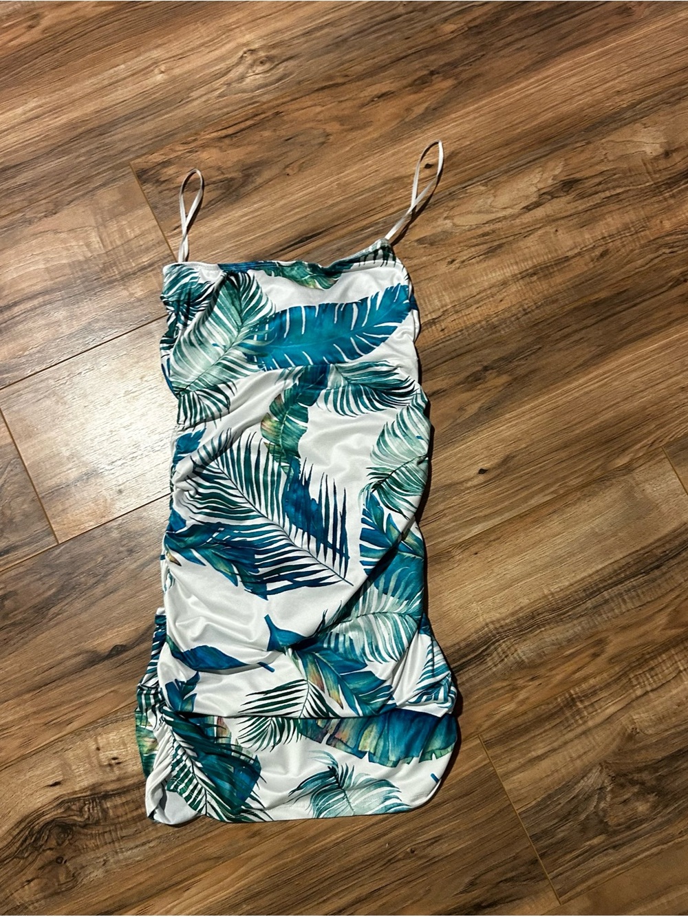 Tropical Leaf Print Spaghetti Strap Dress - Teal & White